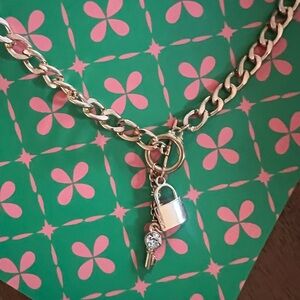 Gold Chain Charm Necklace with Padlock & Key